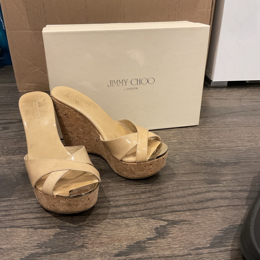 Jimmy Choo Perfume Patent Leather Crisscross Cork Leather Wedge Slide Nude 36
